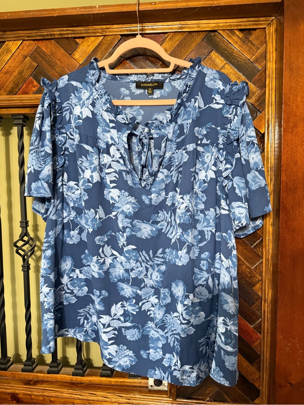 SugarLips Navy Blue Floral Tie-Front Ruffle Sleeve Blouse